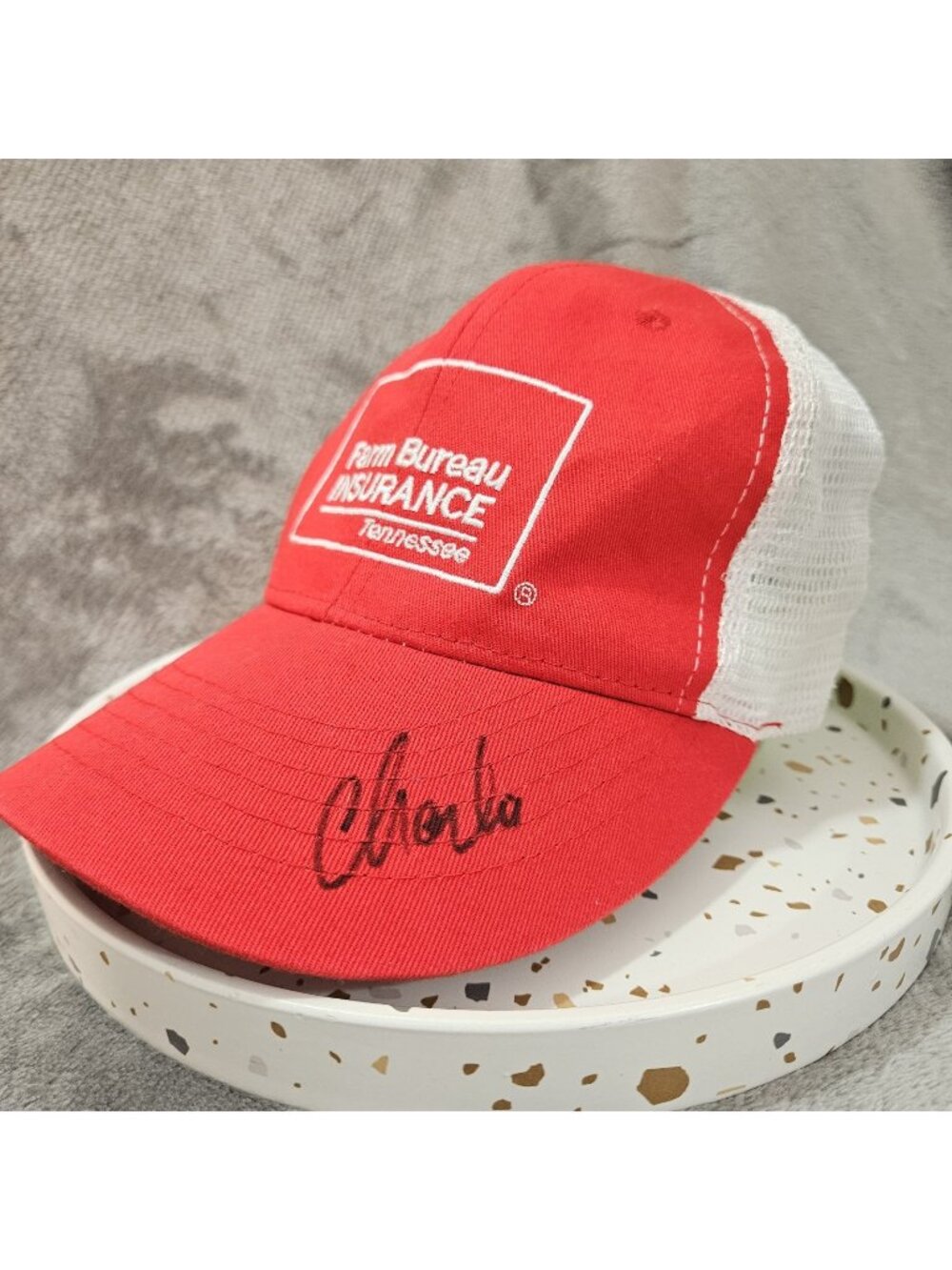Farm Bureau Insurance Tennessee Red White Mesh Trucker Hat Snapback Cap Signed